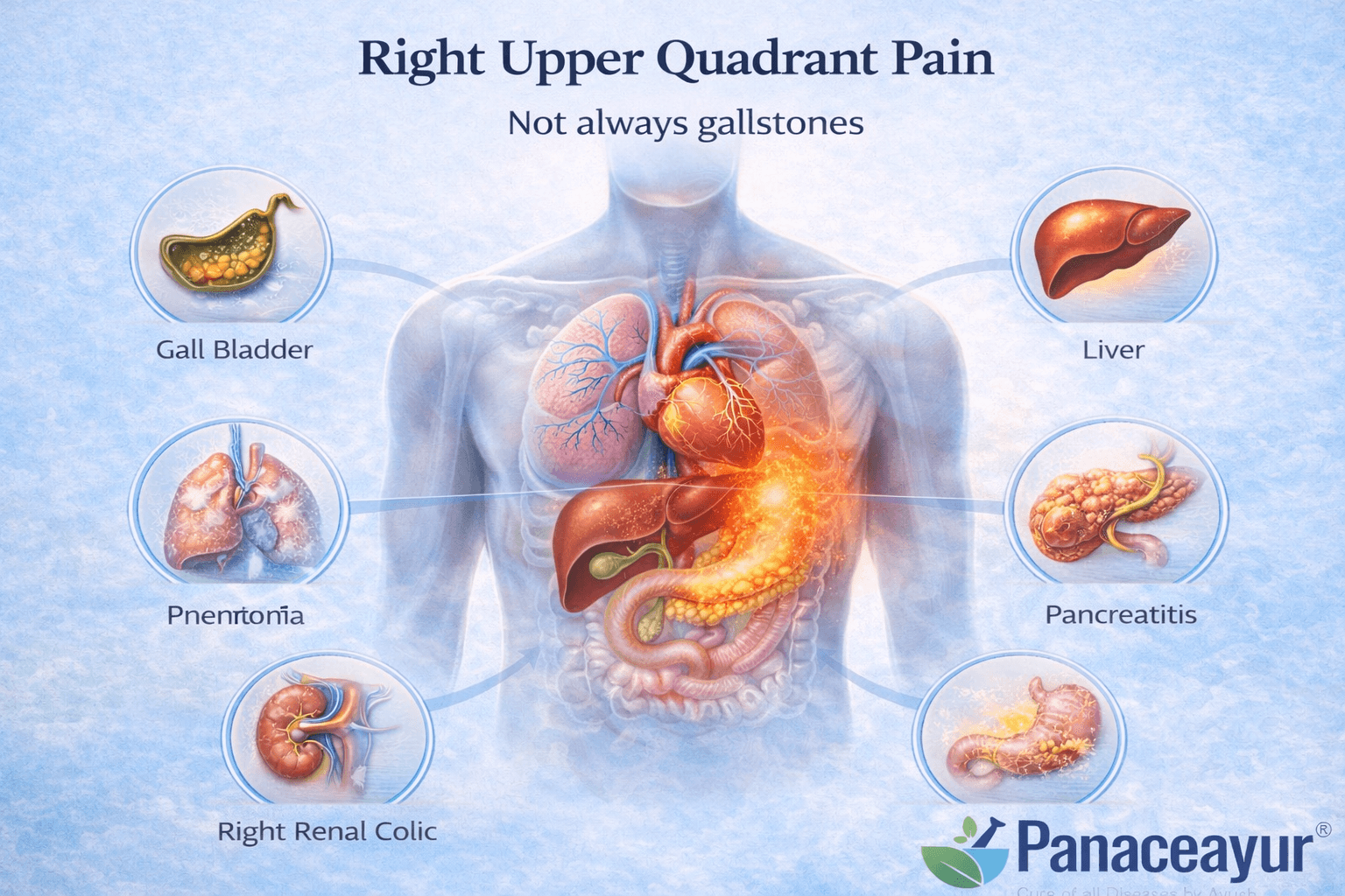 Medical illustration highlighting right upper quadrant abdominal pain with visual emphasis on liver, gall bladder, pancreas, and chest structures, showing that right upper abdominal pain is not always caused by gall bladder stones.