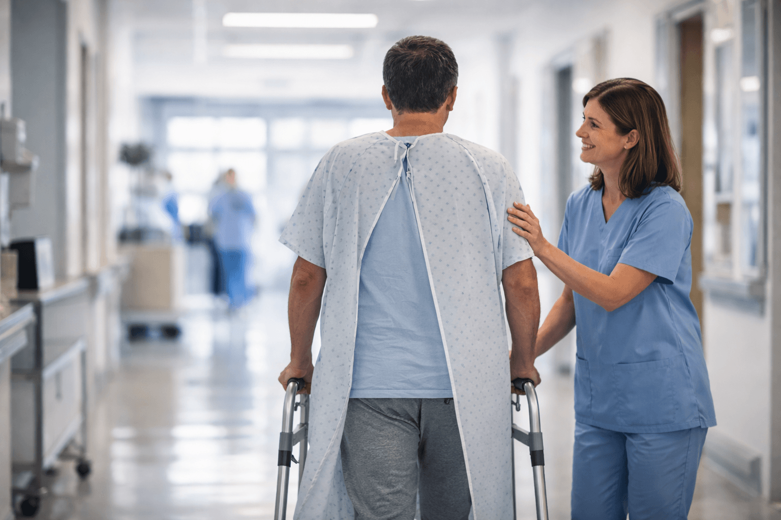 Patient receiving post-stroke rehabilitation support while walking with a therapist in a hospital corridor