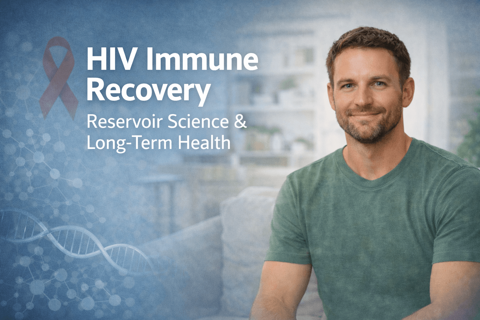 HIV immune recovery and reservoir science concept showing healthy man living normal life with long term treatment success
