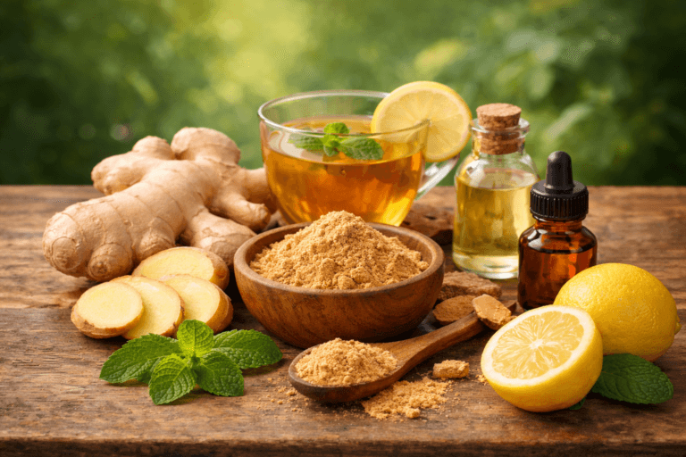 Ginger health benefits for digestion, inflammation, immunity and metabolic balance with fresh root, powder and herbal tea