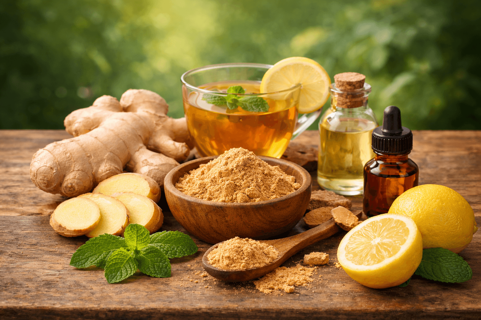Ginger health benefits for digestion, inflammation, immunity and metabolic balance with fresh root, powder and herbal tea