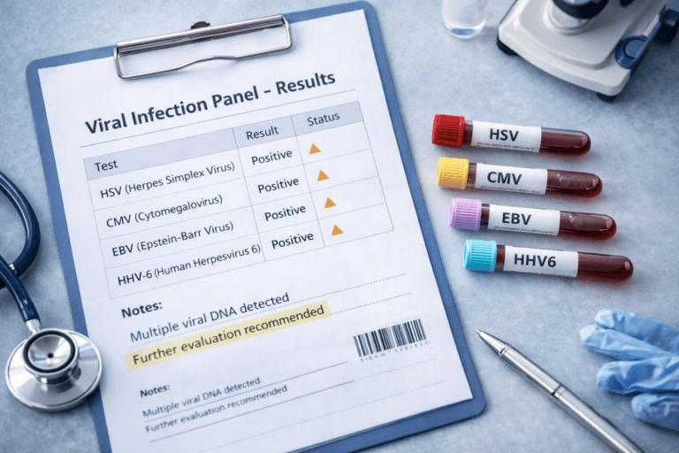 Viral blood test panel showing HSV, CMV, EBV and HHV6 laboratory results on a clinical desk with labeled test tubes.