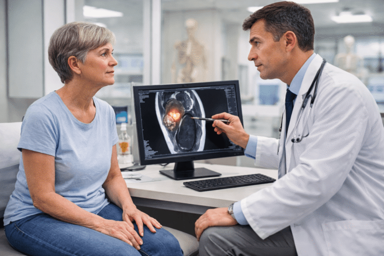Soft-tissue sarcoma diagnosis with MRI scan of thigh explained during oncology consultation