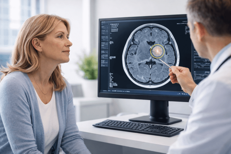 Patient reviewing brain MRI showing meningioma with doctor in clinical consultation