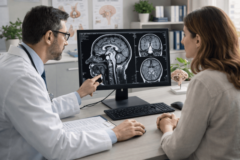 Doctor reviewing pituitary tumor MRI with patient in endocrine clinic for non surgical hormonal treatment