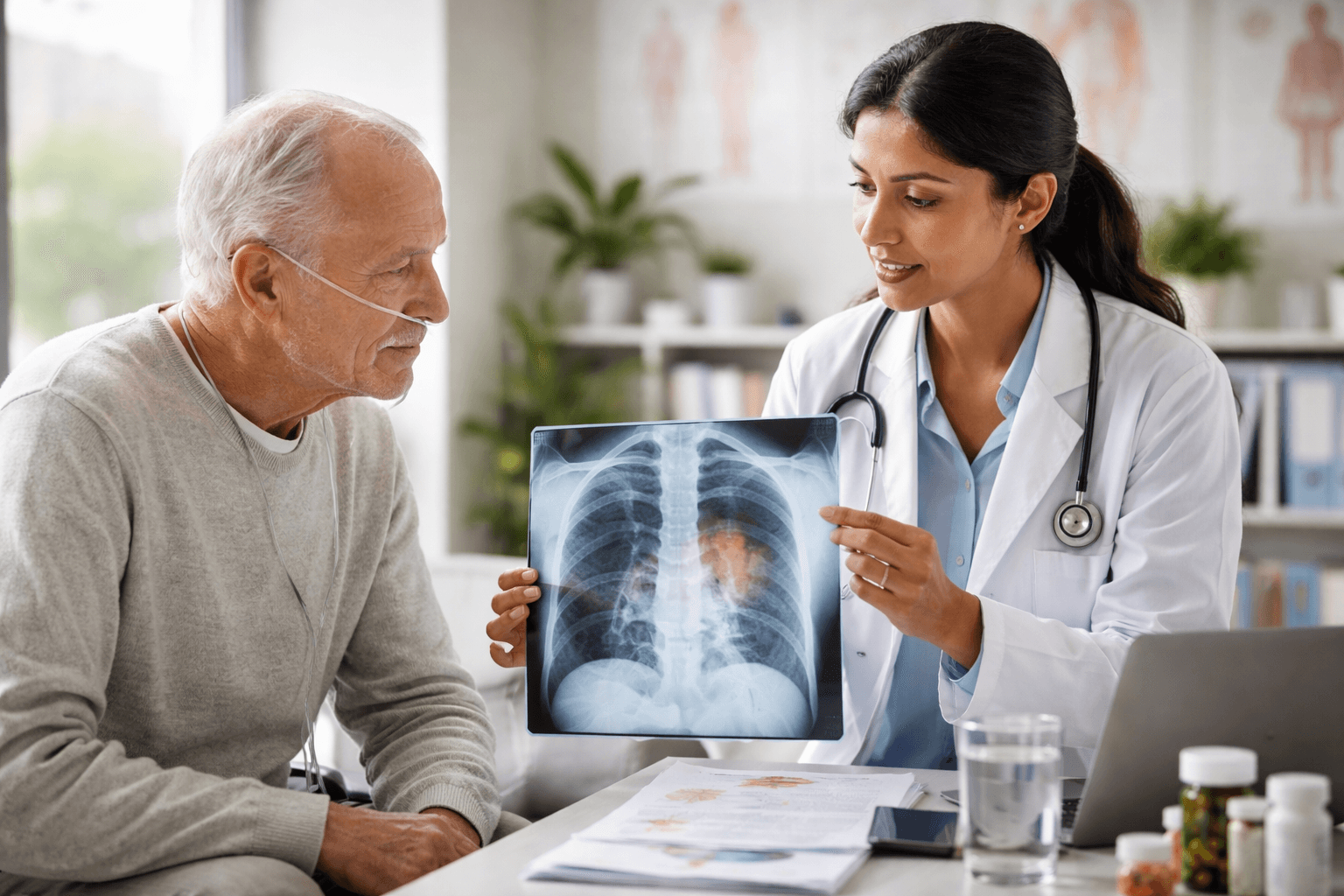 Lung Cancer Integrative Treatment Consultation With Chest X-Ray Review Lung cancer consultation where doctor explains chest x-ray to patient during integrative oncology treatment planning