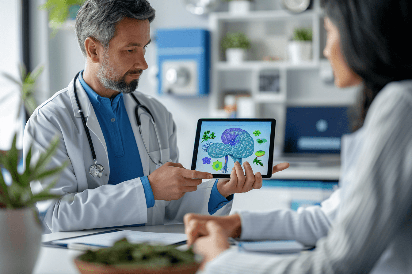 Doctor consulting patient in modern clinic with pancreas anatomy display and natural elements representing integrative pancreatic cancer treatment