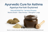 Ayurvedic cure for asthma with Agastya Haritaki Avaleha displayed in a clean Healthline-style layout, including Haritaki fruits and herbal powder for natural relief of Tamaka Shwasa.