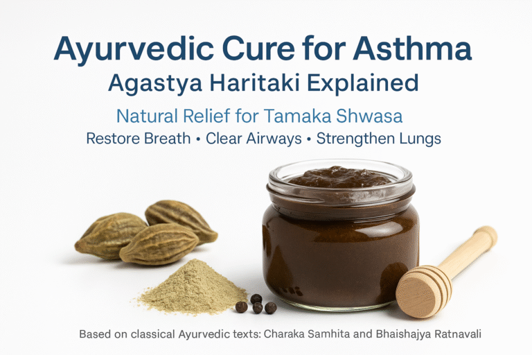 Ayurvedic cure for asthma with Agastya Haritaki Avaleha displayed in a clean Healthline-style layout, including Haritaki fruits and herbal powder for natural relief of Tamaka Shwasa.