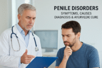 A concerned male patient discusses penile health issues with a senior male doctor in a clinical setting, with the title "Penile Disorders: Symptoms, Causes, Diagnosis & Ayurvedic Cure" displayed in the background.