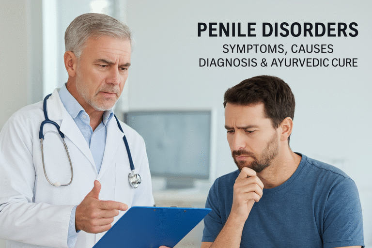 A concerned male patient discusses penile health issues with a senior male doctor in a clinical setting, with the title "Penile Disorders: Symptoms, Causes, Diagnosis & Ayurvedic Cure" displayed in the background.