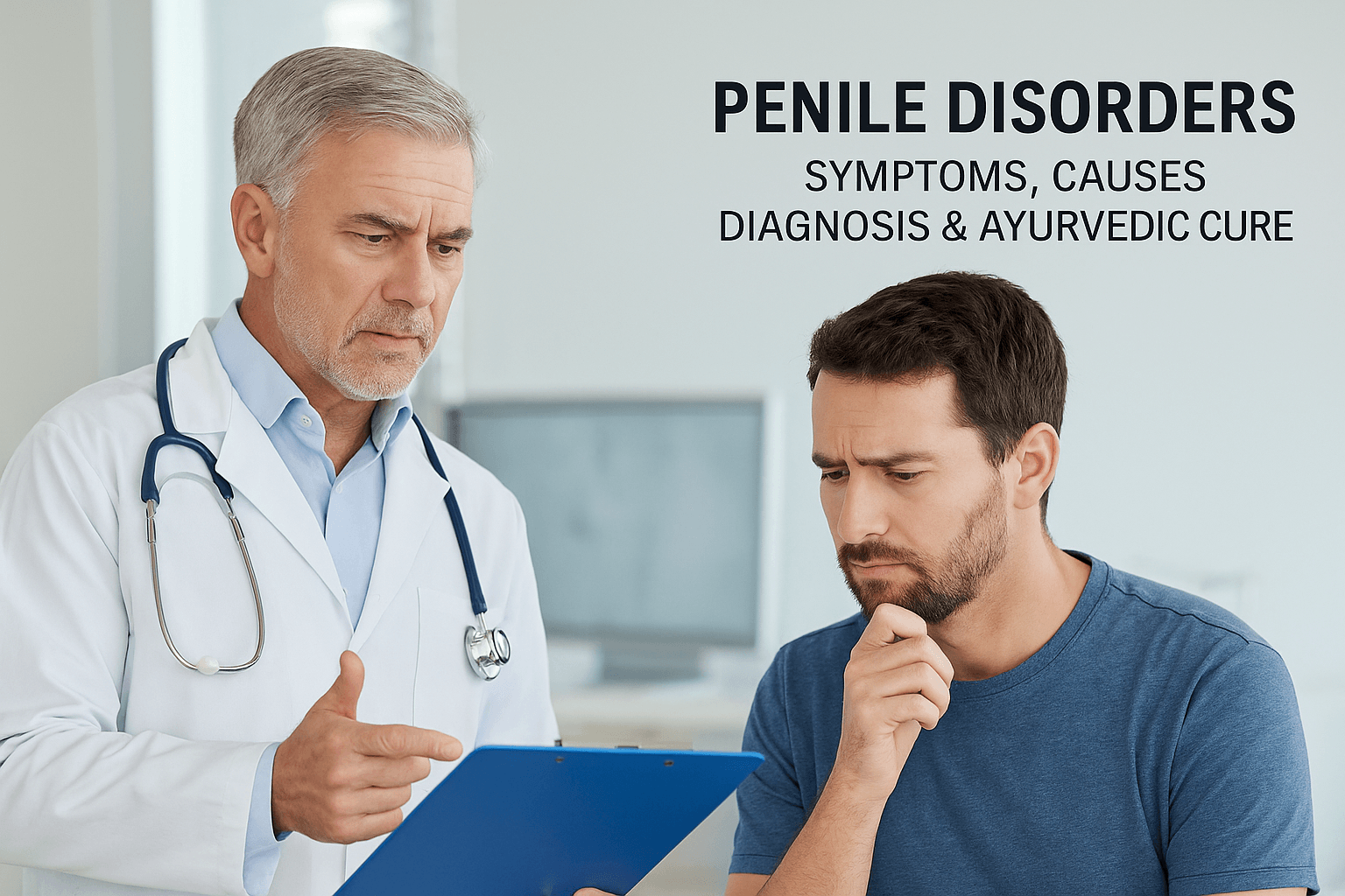 A concerned male patient discusses penile health issues with a senior male doctor in a clinical setting, with the title "Penile Disorders: Symptoms, Causes, Diagnosis & Ayurvedic Cure" displayed in the background.