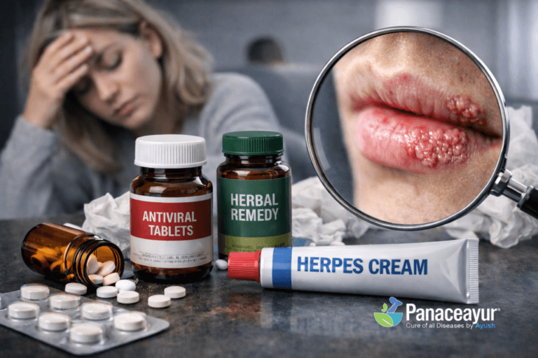 Photorealistic image showing repeated herpes outbreaks despite antiviral tablets, herbal remedies, and herpes cream, highlighting why herpes medicines fail long term