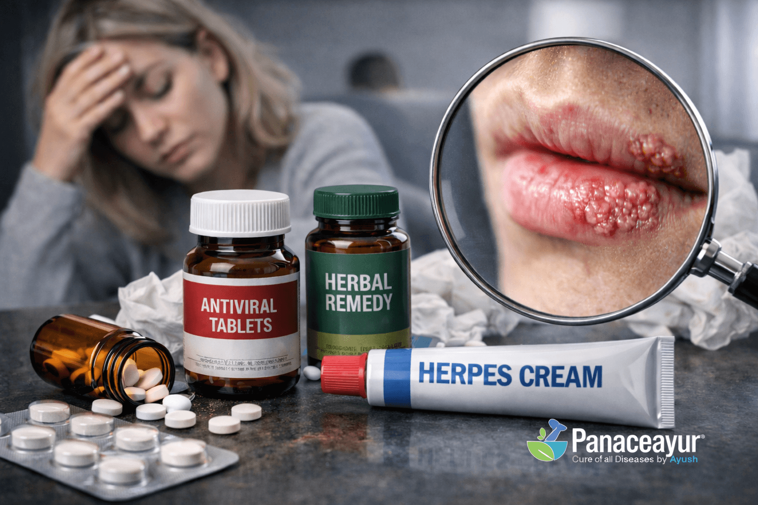 Photorealistic image showing repeated herpes outbreaks despite antiviral tablets, herbal remedies, and herpes cream, highlighting why herpes medicines fail long term