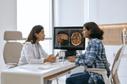 Hematologist explaining liver and cardiac MRI findings to a patient with iron overload in thalassemia at a modern clinic.