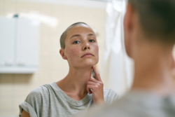 Adult woman with short hair checking the side of her neck in a bright bathroom
