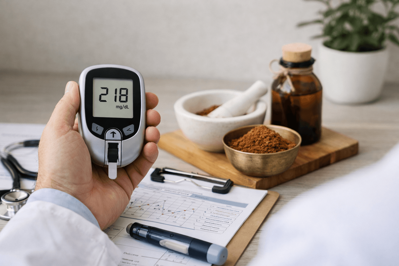 Jasad Bhasma for diabetes with glucose monitor in clinical Ayurvedic integrative care setting