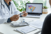 Doctor explaining twice-yearly lenacapavir hiv prevention injection to a patient in a modern clinic.