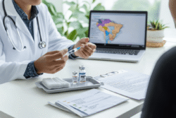 Doctor explaining twice-yearly lenacapavir HIV prevention injection to a patient in a modern clinic.