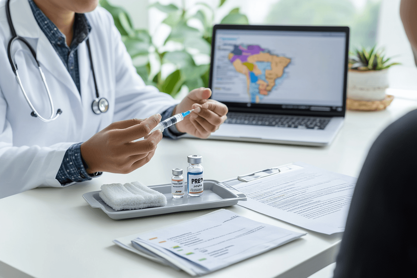 Home 5 Doctor explaining twice-yearly lenacapavir hiv prevention injection to a patient in a modern clinic.