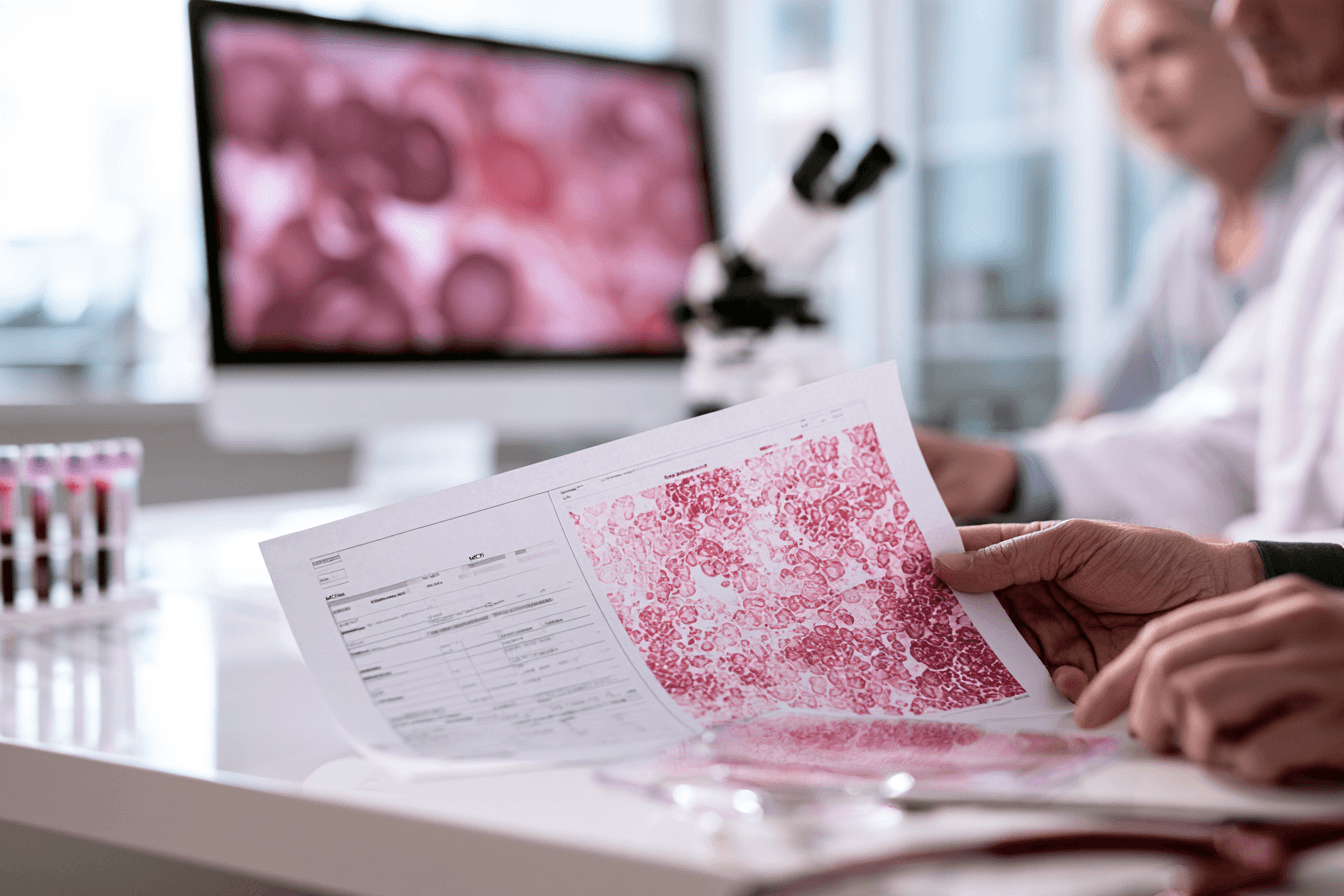 Mcv and mch in thalassemia blood test report showing cbc review, blood smear slide and microcytic hypochromic red blood cells.