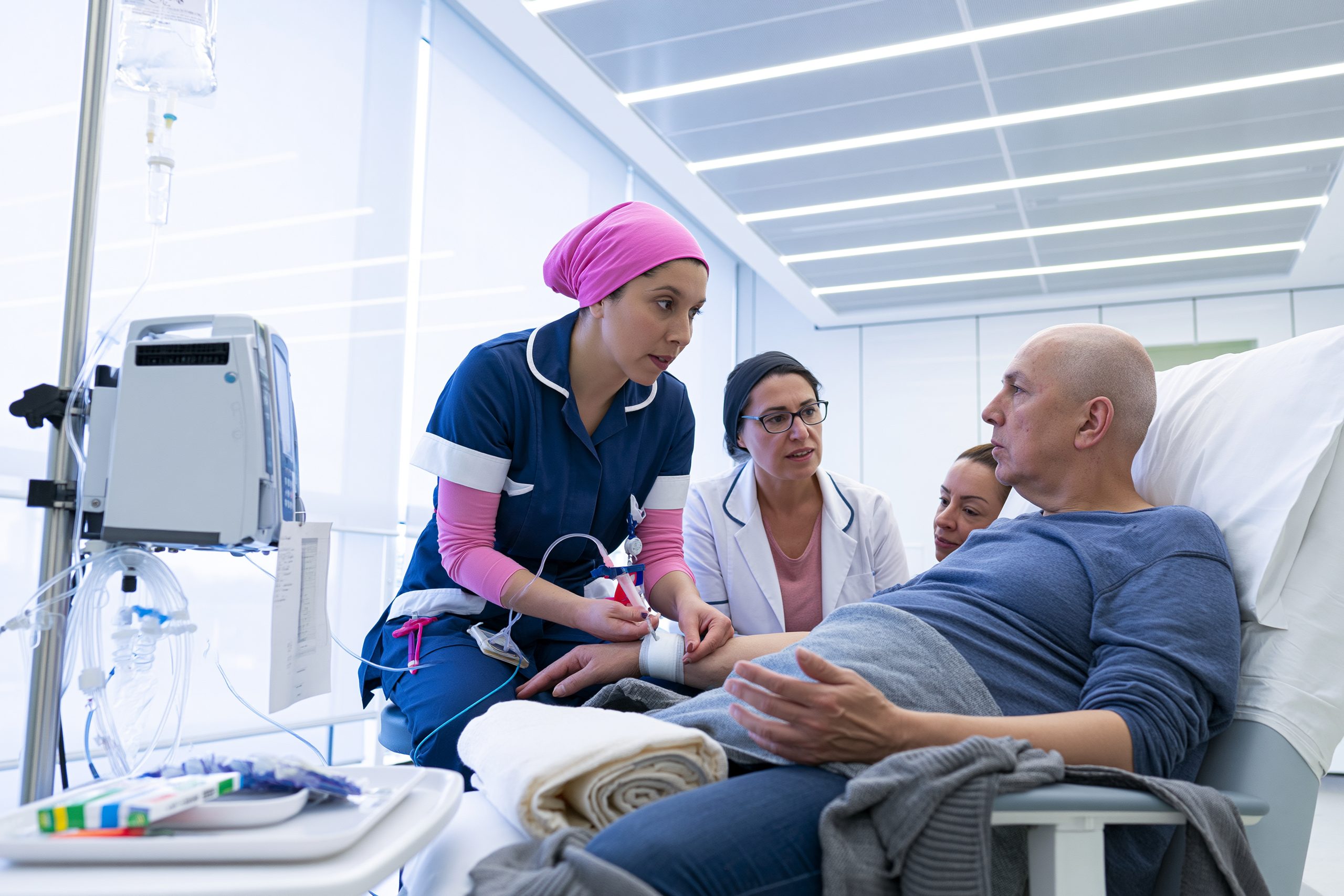 Metastatic Esophageal Cancer: Treatment, Survival And The Ayurveda Curative Model 7 Patient receiving individualized systemic treatment for metastatic esophageal cancer in a modern oncology infusion center.