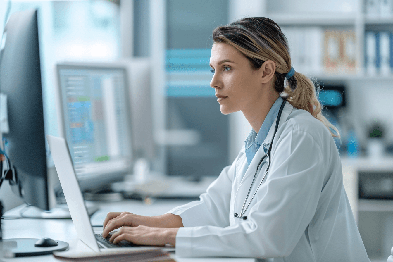 Modern Clinical Research On Parathyroid Adenoma Doctor analyzing parathyroid adenoma research data and calcium levels in clinical setting