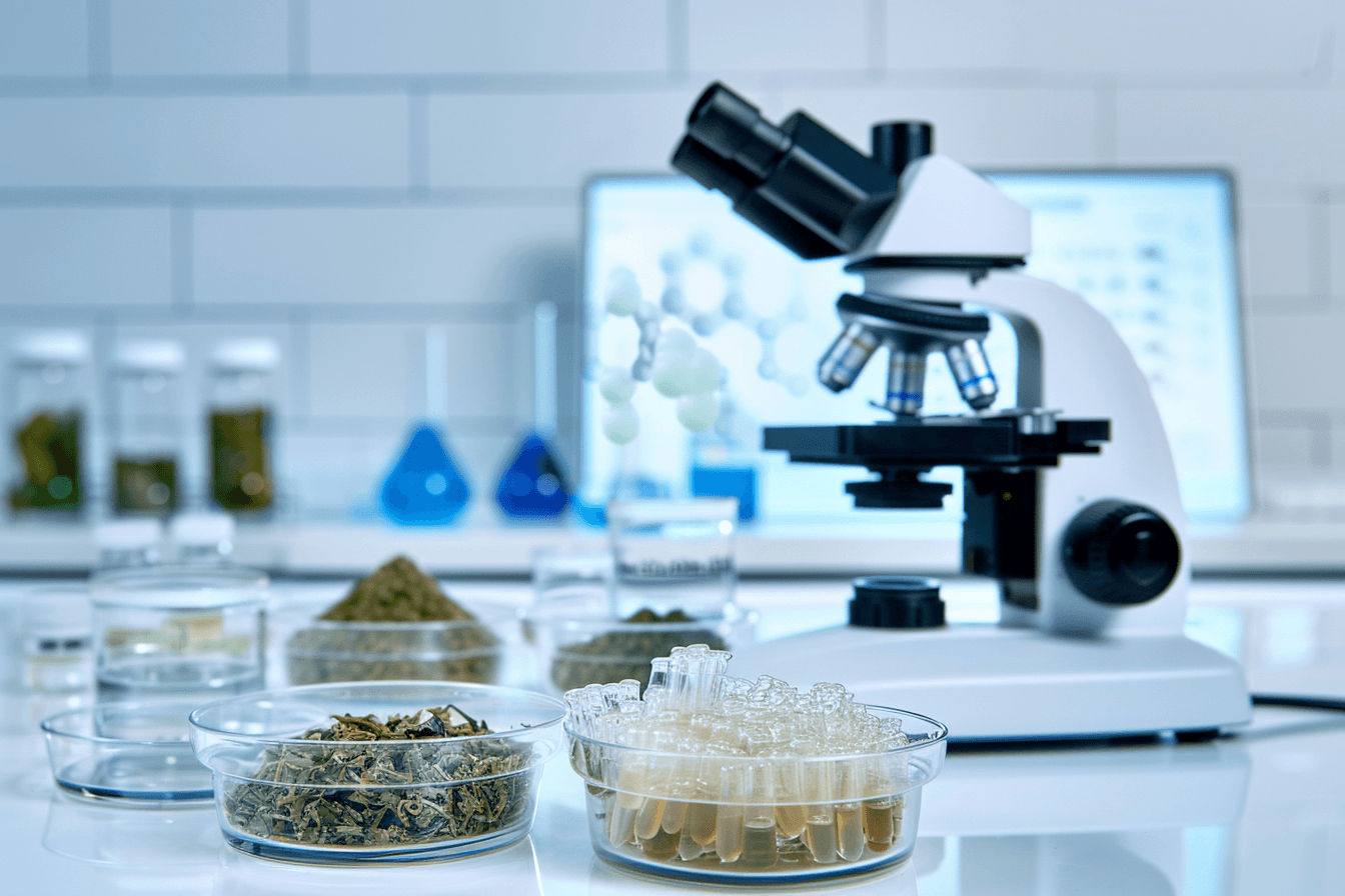 Modern Scientific Research On Ayurvedic Treatment For Hyperparathyroidism Modern scientific research on ayurvedic herbs for hyperparathyroidism showing laboratory testing, herbal extracts and calcium metabolism analysis