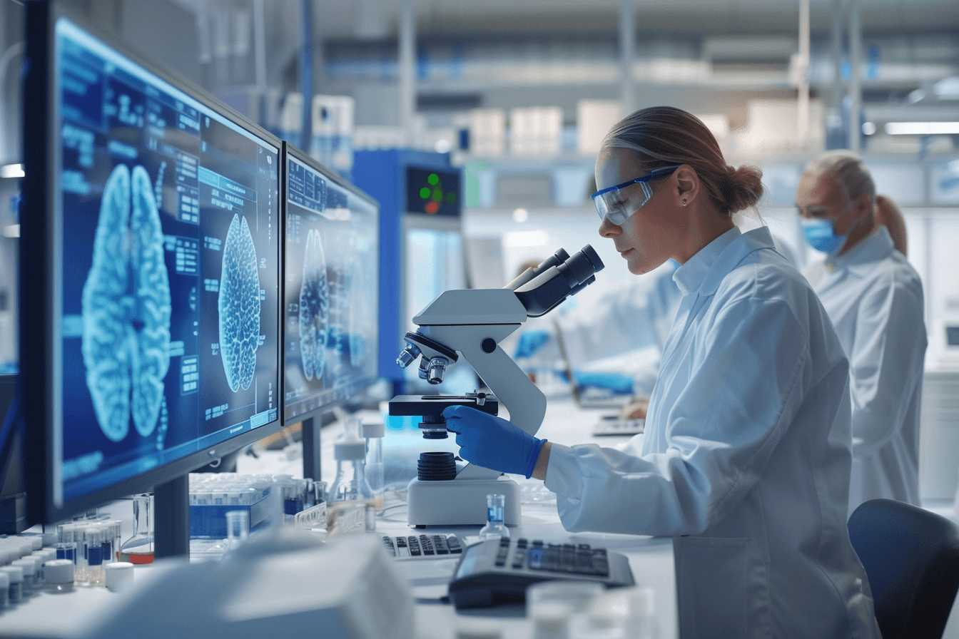 Scientists analyzing pancreatic cancer research data in advanced laboratory with molecular visuals and pancreas anatomy