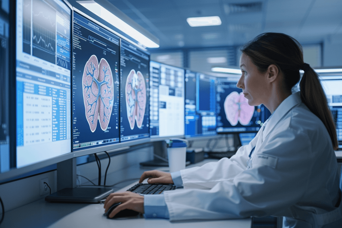 Medical researcher reviewing pancreatic cancer recurrence data and imaging