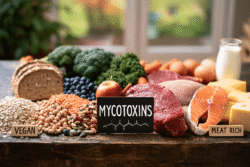 Mycotoxins in food comparison showing grains, nuts, seeds and vegetables beside meat, fish, eggs and dairy products.