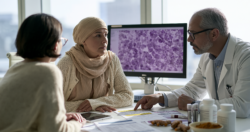 Doctor explaining natural treatment for leukemia safety and evidence to a leukemia patient in a hematology consultation room.
