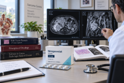 Sarcoma specialist reviewing an abdominal MRI beside nirogacestat tablets and medical oncology textbooks for desmoid tumor treatment planning.