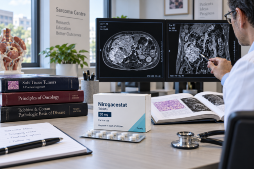 Sarcoma specialist reviewing an abdominal MRI beside nirogacestat tablets and medical oncology textbooks for desmoid tumor treatment planning.
