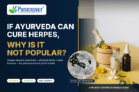 Woman with herpes awareness concept showing HSV virus, sensory nerve ganglia, Ayurvedic medicinal herbs, Swarna Bhasma, Rajata Bhasma, Heeraka Bhasma, and root level Ayurvedic herpes treatment supported by modern research.
