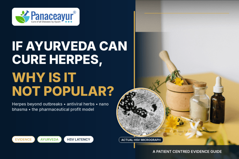 Woman with herpes awareness concept showing HSV virus, sensory nerve ganglia, Ayurvedic medicinal herbs, Swarna Bhasma, Rajata Bhasma, Heeraka Bhasma, and root level Ayurvedic herpes treatment supported by modern research.