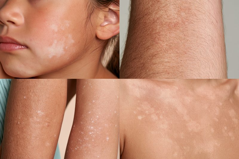 Different causes of white patches on skin including pityriasis alba, post-inflammatory hypopigmentation and small sun-related white spots.