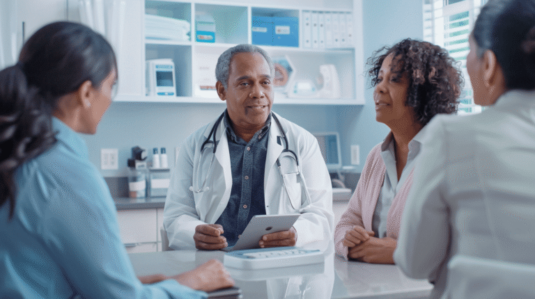 Doctor explaining pancreatic cancer survival rate by stage to a patient and caregiver in a modern clinic