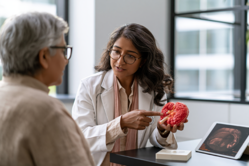 Ayurvedic doctor explaining pancreatic cancer vs pancreatitis using a realistic pancreas model
