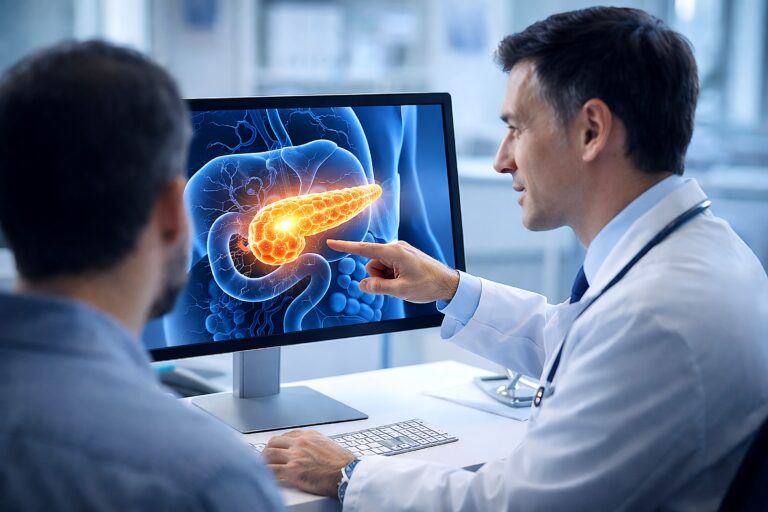 Doctor explaining pancreatic diabetes type 3c to patient while reviewing pancreas imaging in modern clinical setting