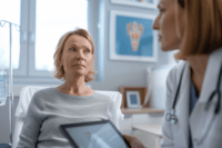 Doctor explaining parathyroid adenoma and treatment options to patient in clinical setting