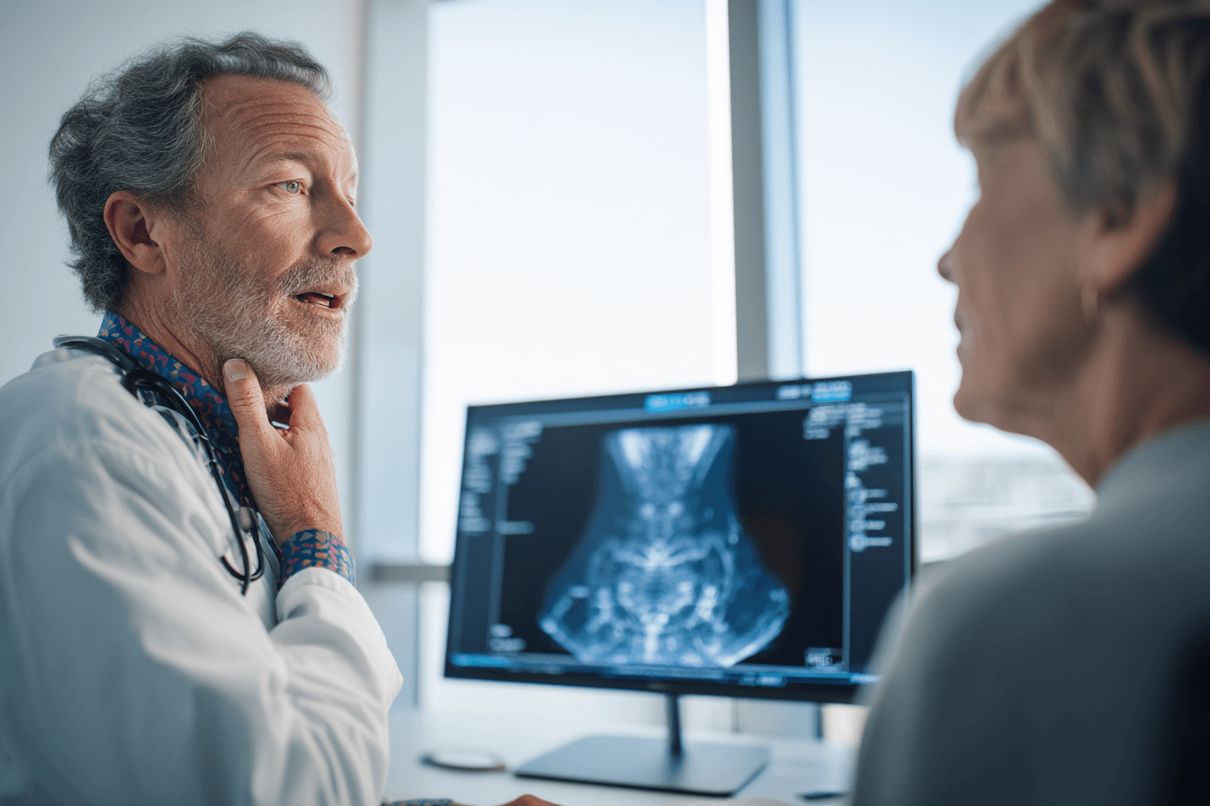 Home 5 Doctor discussing parathyroid cancer and high calcium symptoms with a patient during an endocrine consultation.