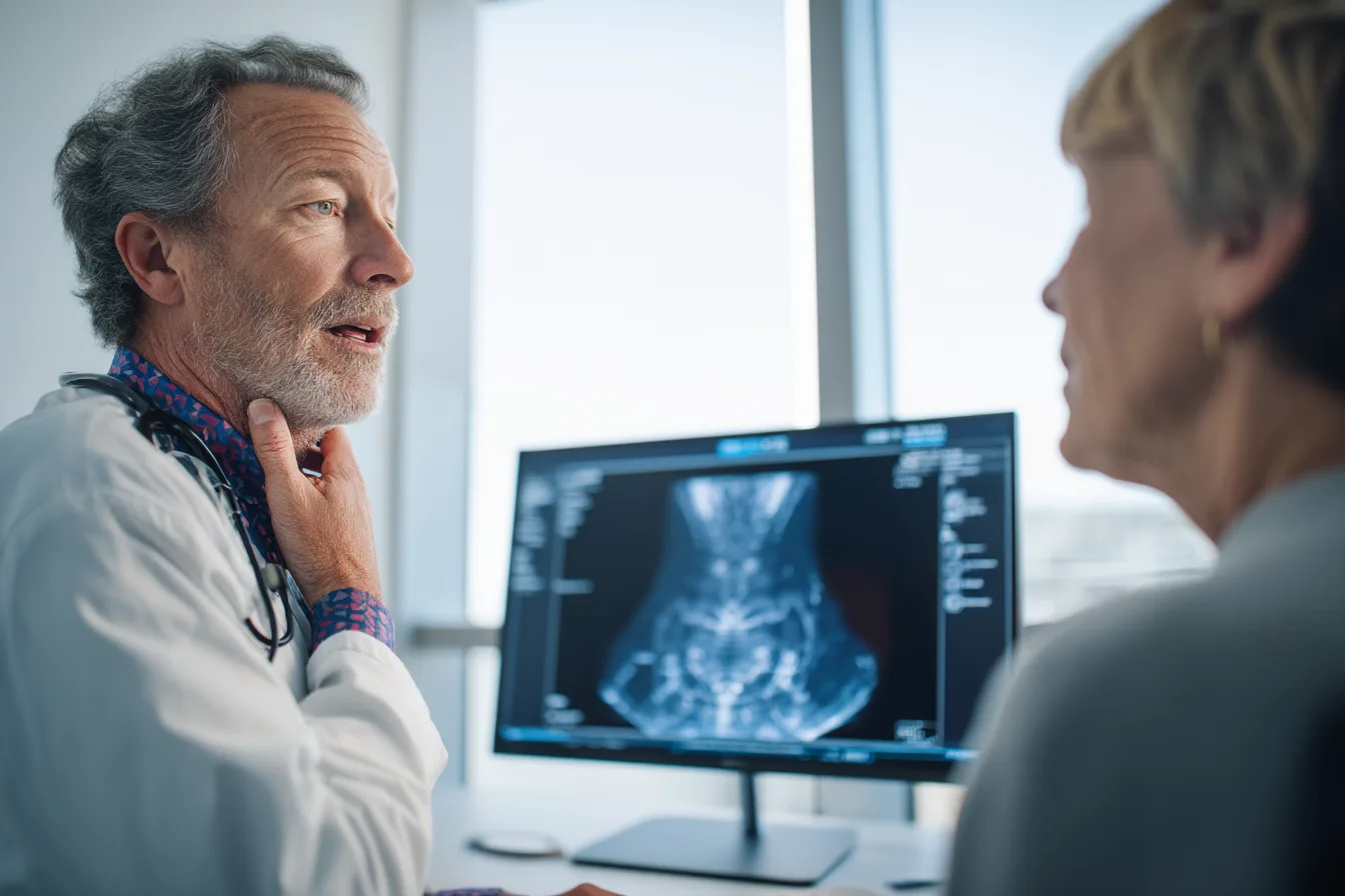 Home 5 Doctor discussing parathyroid cancer and high calcium symptoms with a patient during an endocrine consultation.