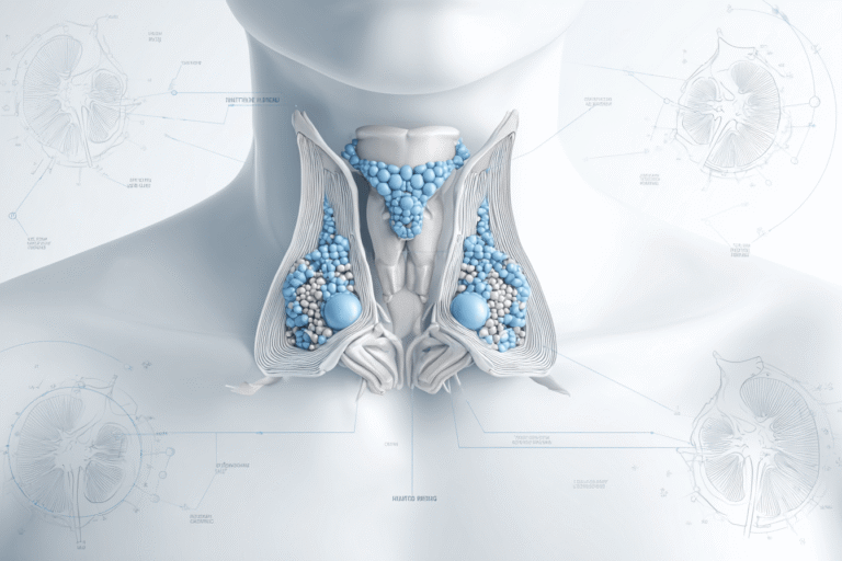Clinical illustration of parathyroid disorders showing thyroid and parathyroid glands with links to bone health kidney function and calcium balance