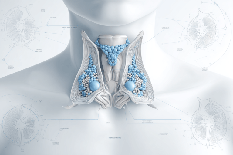 Clinical illustration of parathyroid disorders showing thyroid and parathyroid glands with links to bone health kidney function and calcium balance