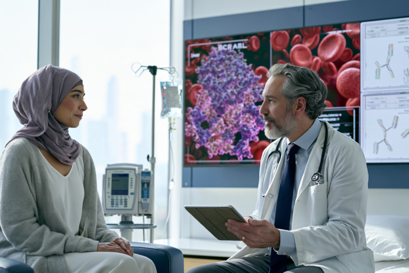 Hematologist discussing chemotherapy-free ph-positive all treatment with an adult leukemia patient in a modern oncology clinic.