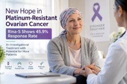 Platinum-resistant ovarian cancer patient discussing investigational rina-s antibody-drug conjugate treatment with an oncologist.