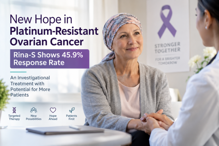 Platinum-resistant ovarian cancer patient discussing investigational Rina-S antibody-drug conjugate treatment with an oncologist.