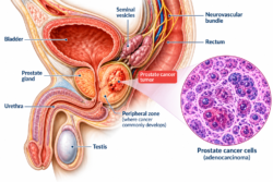 Prostate cancer anatomy showing tumor in the peripheral zone and prostate cancer cells