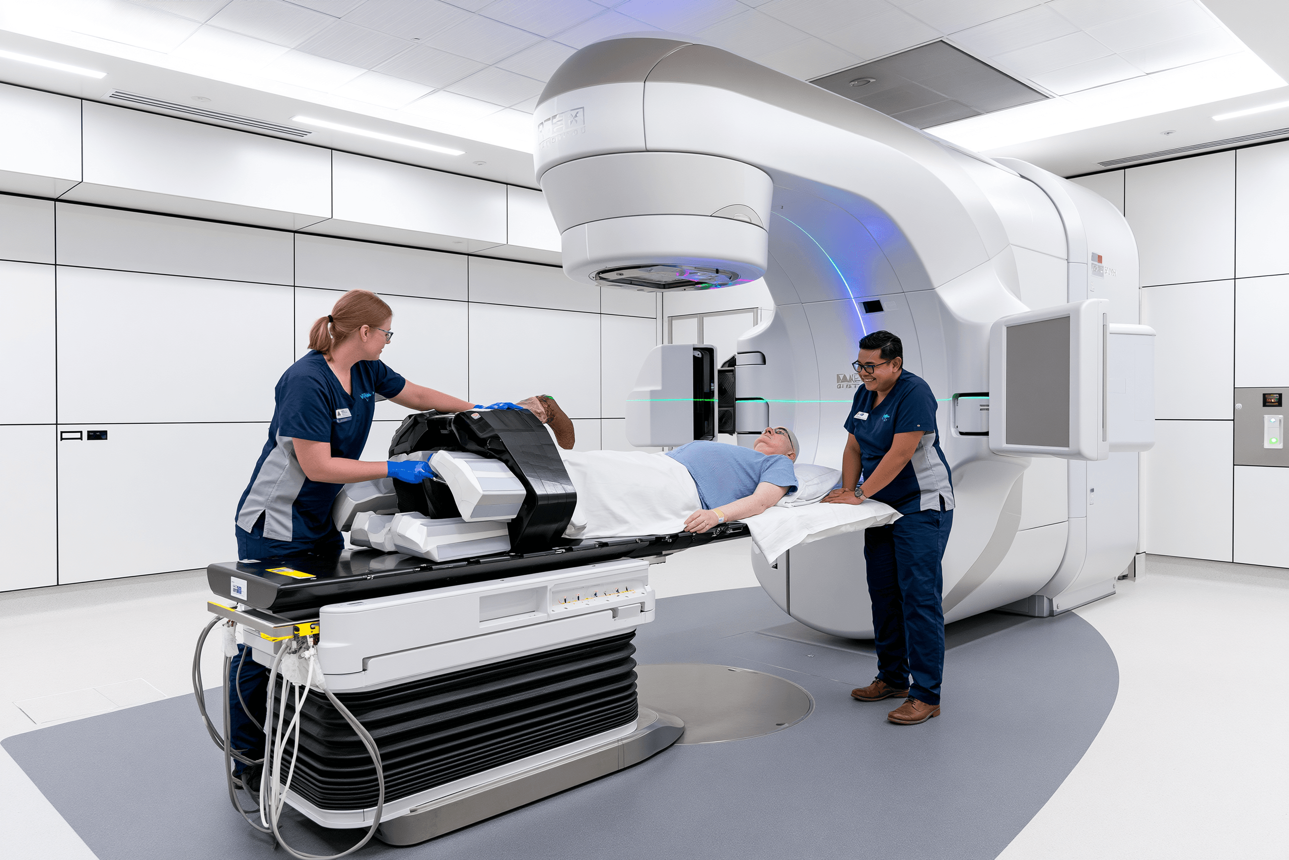 Metastatic Esophageal Cancer: Treatment, Survival And The Ayurveda Curative Model 8 Patient positioned on a modern linear accelerator for radiation therapy for metastatic esophageal cancer.